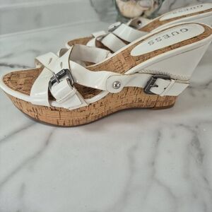 GUESS White Patent Leather Cork Wedge Sandals